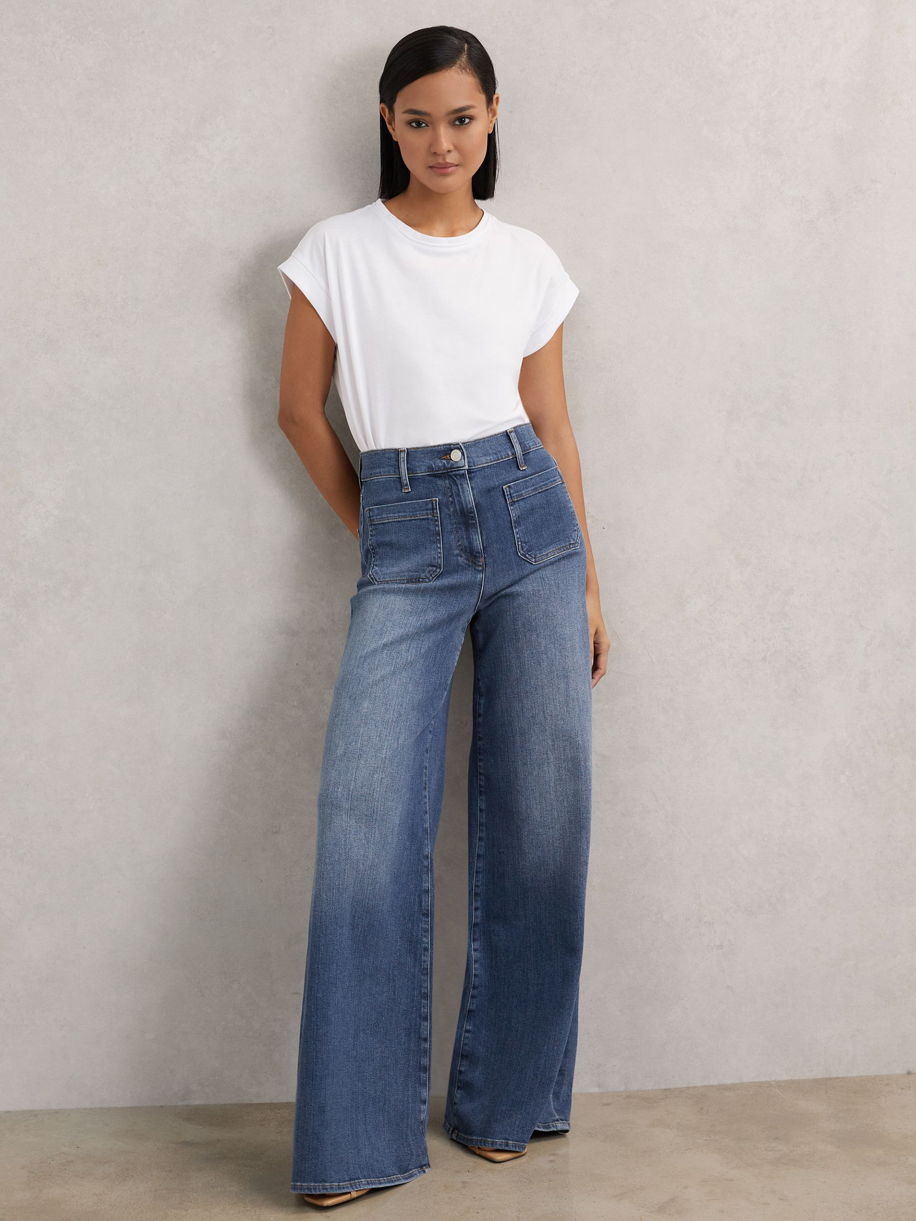 Patch Pocket Wide Leg Jeans in Mid Blue | Reiss US