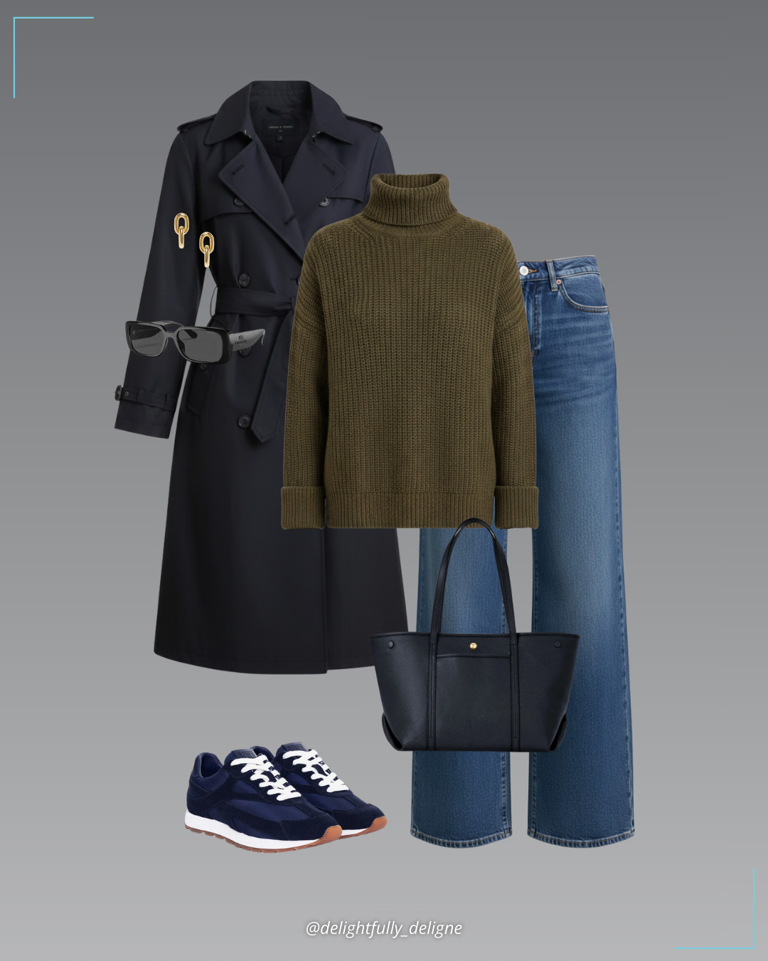 La Ligne Everyday Ease 💚💙 Isadora high-rise wide-leg jean & Solid marin sweater from La Ligne, double-breasted cotton-blend trench coat, leather tote, dickey collar, navy sneakers, narrow rectangle sunglasses & link drop earrings. 

 #LTKgrwm #LTKootd #LTKOver40