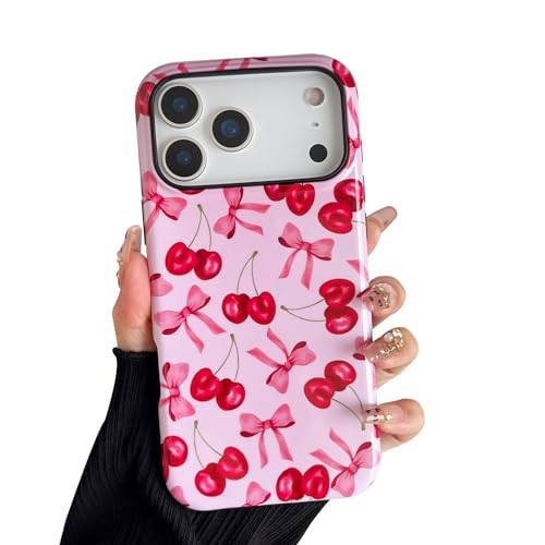 branple Compatible with iPhone 17 Pro Max Case, Cute Pink Cherry Bow Pattern with Shockproof Slim Soft TPU and Hard PC Protective Cover for Women Compatible with iPhone 17 Pro Max Case, Glossy | Amazon (US)
