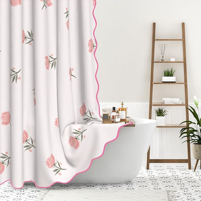 Floral Scalloped Shower Curtain with 12 Hooks 71x74Inches - Romantic Pink Roses Pattern, Waterpro... | Amazon (US)