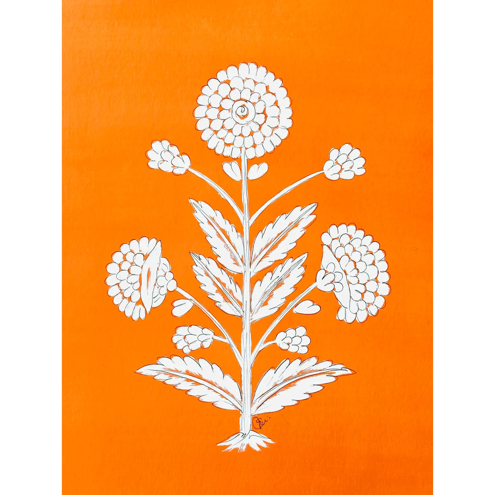 Hand-Painted Orange & White Abstract Floral Motif Painting | Chairish