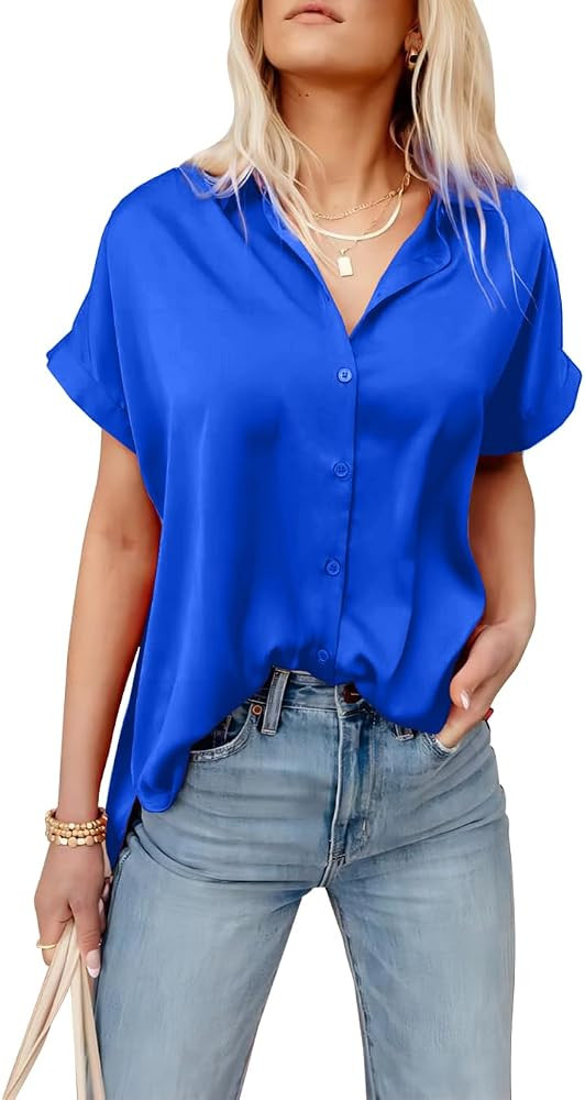 Pausus Satin Button Down Shirts for Women Short Sleeve Office Blouse Casual Business V Neck Silk ... | Amazon (US)