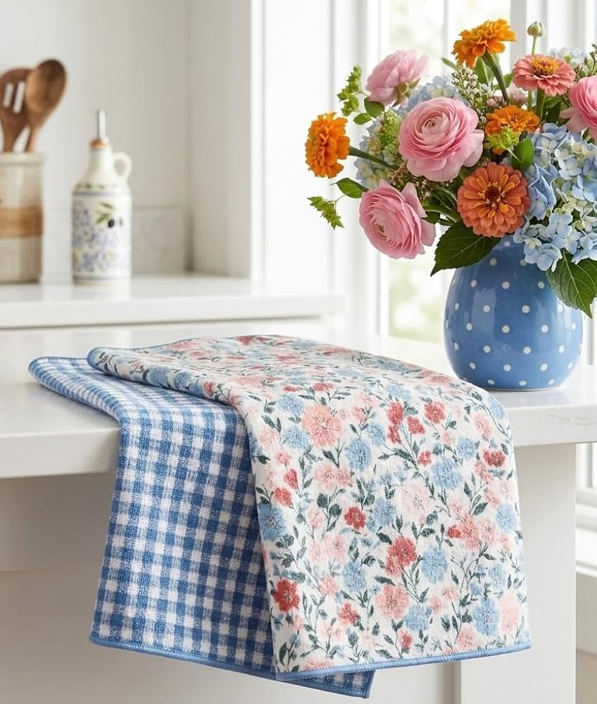 Cerise Blue French Country Waffle Weave Microfiber Kitchen Towel Set - Absorbent Multi Purpose Ki... | Amazon (US)