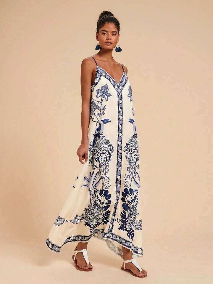 Travachic Women's Midi Length Sleeveless Dress, Fashionable For Summer,Tropical Print Dress,Vacation Outfits Woman,Concert Outfit Women,Tropical Vacation, Vacation,Bohemian Clothes | SHEIN