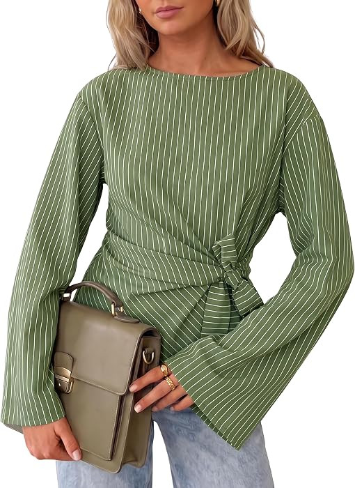 Cicy Bell Womens Cinched Waist Wrap Tops Bell Sleeve Boat Neck Blouse Shirt | Amazon (US)