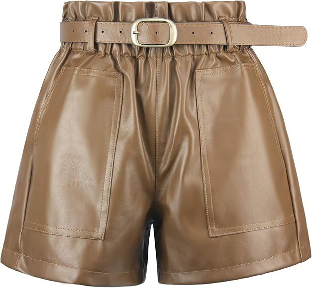 RAMISU Ladie's Casual Faux Leather Shorts High Waisted Elastic Band Belted Shorts Flared Leg Faux Le | Amazon (US)