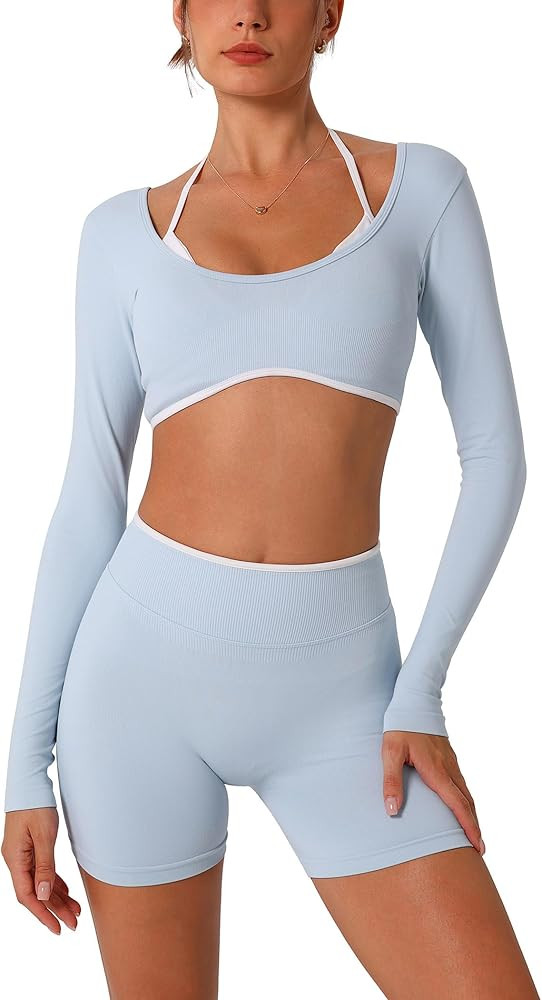 ABOCIW Workout Sets for Women 2 Piece Seamless Color Block Long Sleeve Crop Top Scrunch Butt High... | Amazon (US)