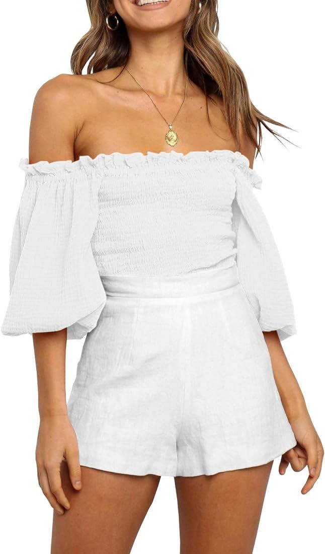 R.Vivimos Women's Summer Linen Short Sleeves Off The Shoulder Crop Tops Ruffle Slim Blouses | Amazon (US)