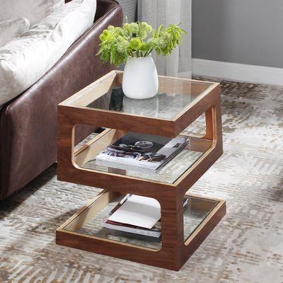 Modern Glass Side Table with 3 Tiers S-shaped End Table in Walnut-Homary | Homary.com