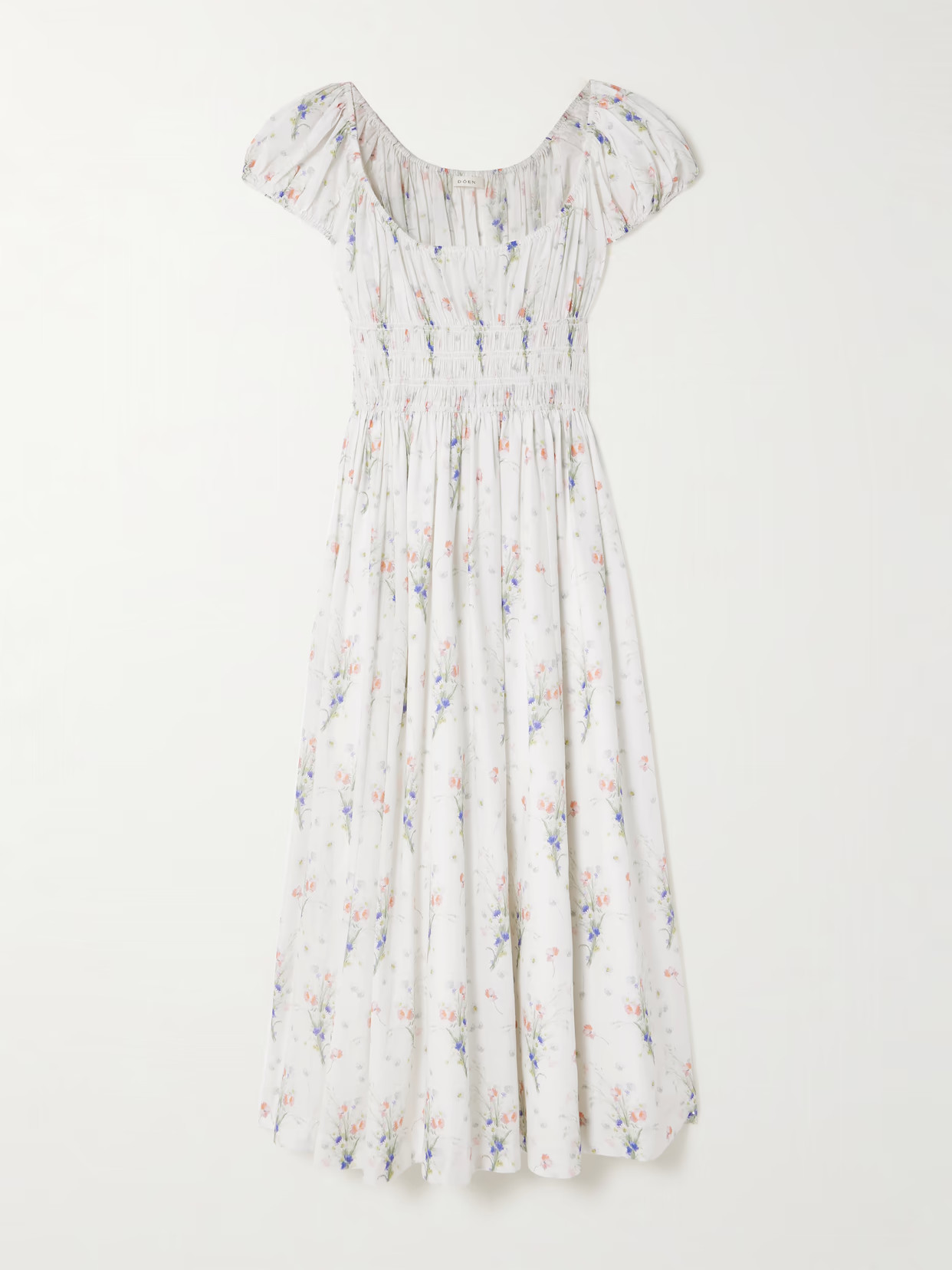 DÔEN - Quinley Shirred Floral-print Organic Cotton Midi Dress - Neutrals | NET-A-PORTER (US)