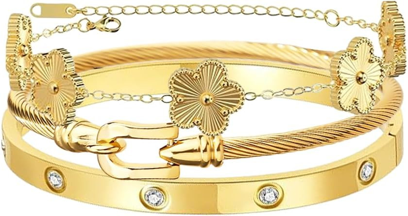 Gold Bangle Bracelets for Women Personalized Cubic Zirconia Love Bracelets 18K Gold Plated Bangle... | Amazon (US)