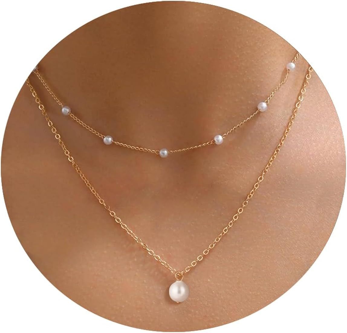 WMISIY Dainty Pearl Necklaces for Women Girls 14K Gold Plated Layered Pearl Necklace Simple Cute ... | Amazon (US)
