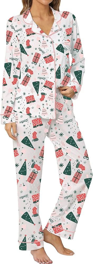 LUBOT Christmas Pajamas 100% Cotton Womens Pajamas Set 2 Piece Soft Button-Down Xmas PJs Set Slee... | Amazon (US)