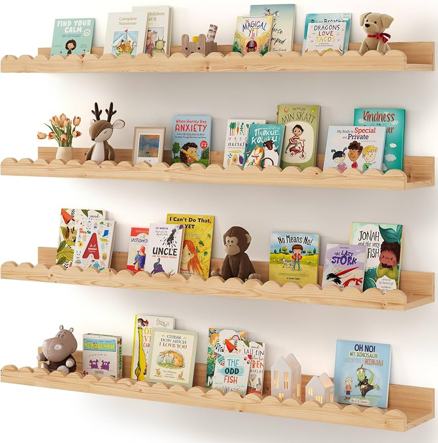 Shario Nursery Book Shelves, 4-Pack Wood Floating Shelves for Wall Kids, Scalloped Shelves, Wall ... | Amazon (US)