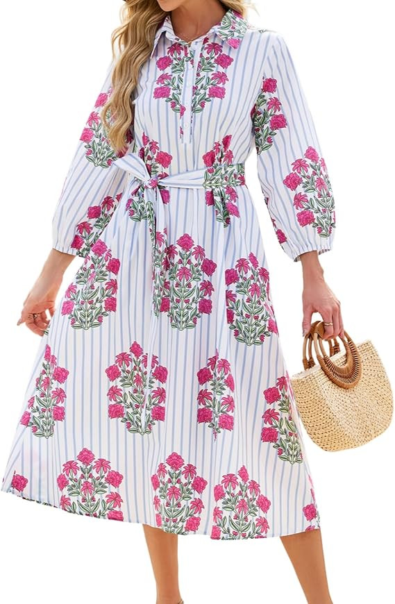 Womens Floral Midi Shirt Dress Summer Casual Button Down A-Line Dress 3/4 Puff Sleeve Belted Dres... | Amazon (US)