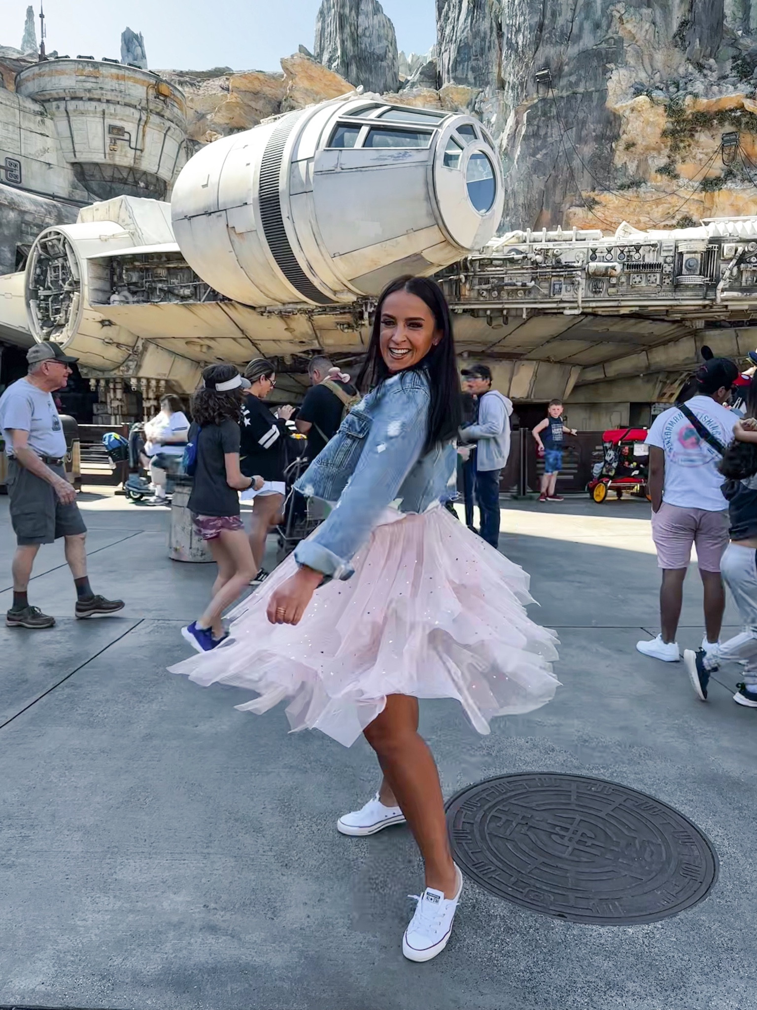Disney outfit from amazon. Blanknyc denim crop top jacket wearing size medium. Converse white sneakers I went up a half size. Tulle skirt $26 from amazon fashion. 