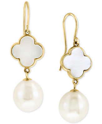 EFFY® Mother-of-Pearl & Freshwater Pearl (9-1/2mm) Drop Earrings in 14k Gold | Macy's