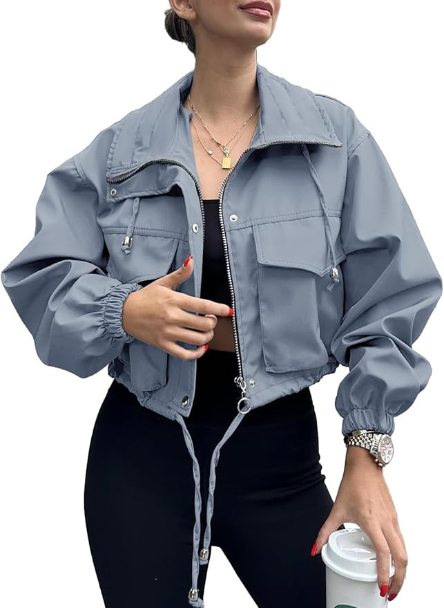 Tankaneo Womens Cropped Jacket Zip Up Lightweight Oversized Utility Anorak Coat with Pockets | Amazon (US)