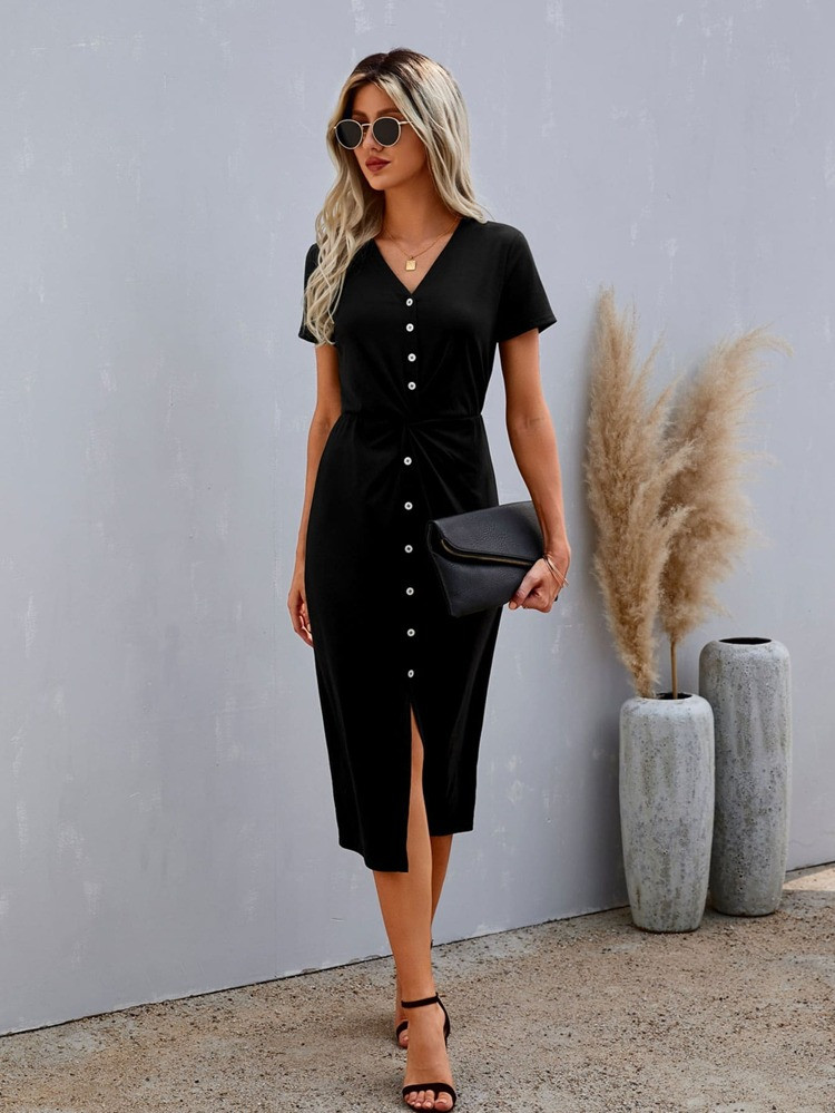 V Neck Button Front Twist Dress | SHEIN