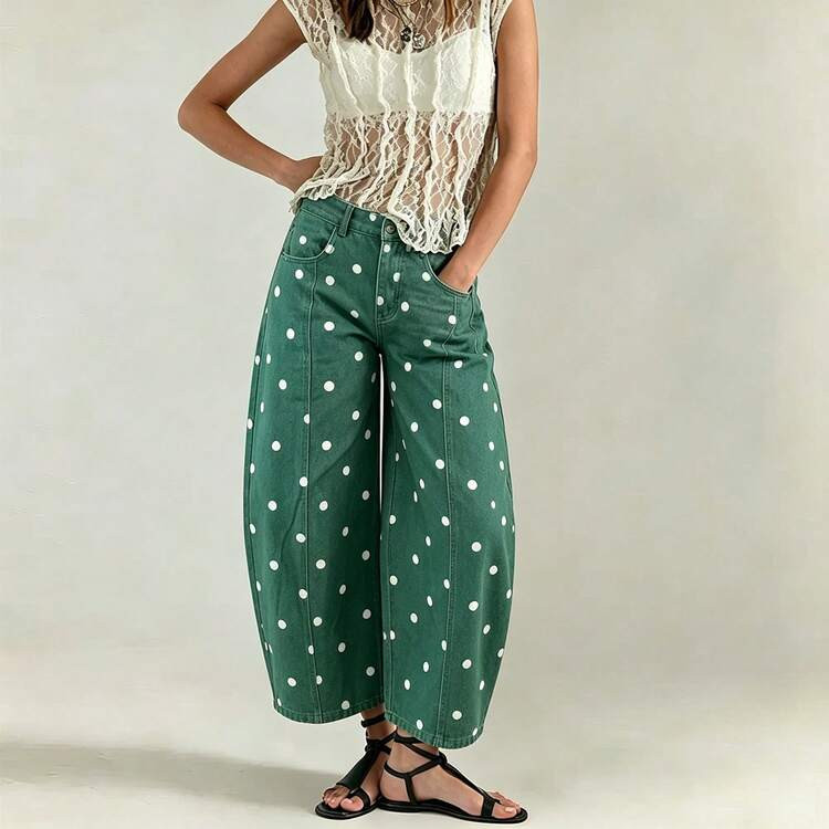 Women's Jeans Preppy Denim Barrel Capri Fit Leisure Holiday All Over White Polka Dot Print Seam D... | SHEIN