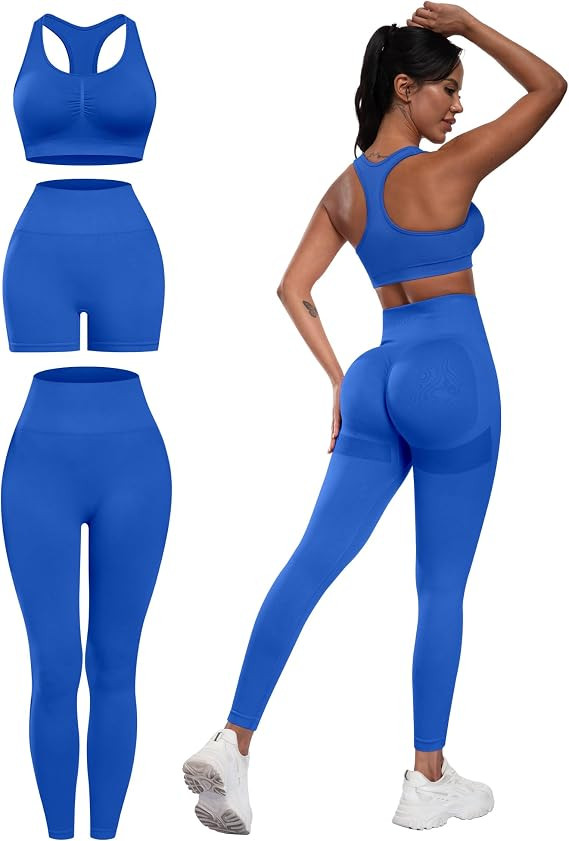 3 Piece Workout Sets for Women Butt Lifting Leggings with High Impact Sports Bra Gym Shorts | Amazon (US)