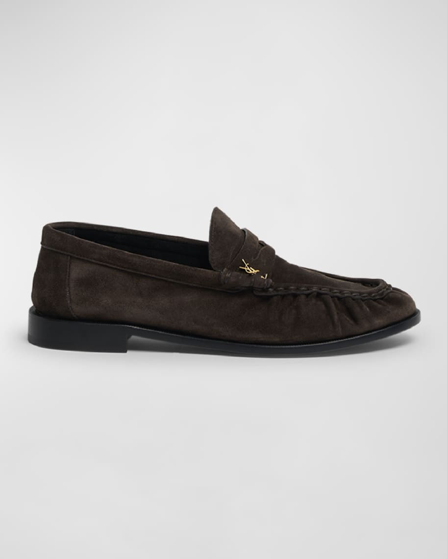 Saint Laurent Suede YSL Penny Loafers | Neiman Marcus