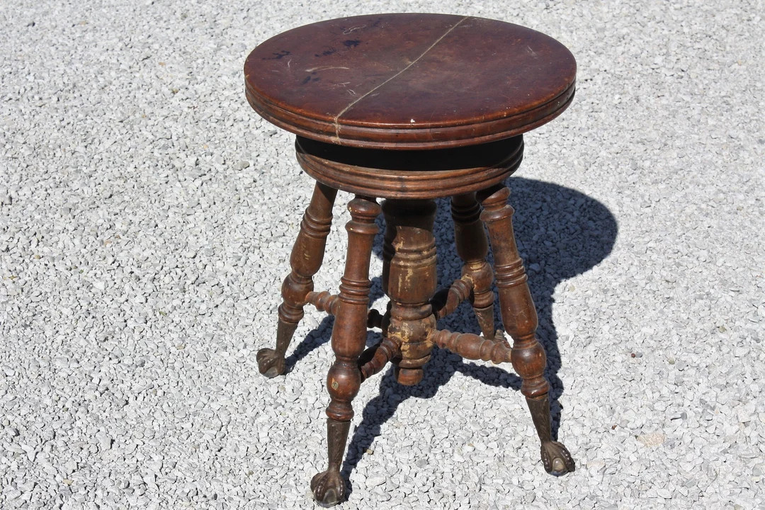Vintage Wood Round Piano Stool Seat Cast Iron Claw And Glass Ball Foot Swivel Distressed Repurpos... | Etsy (US)