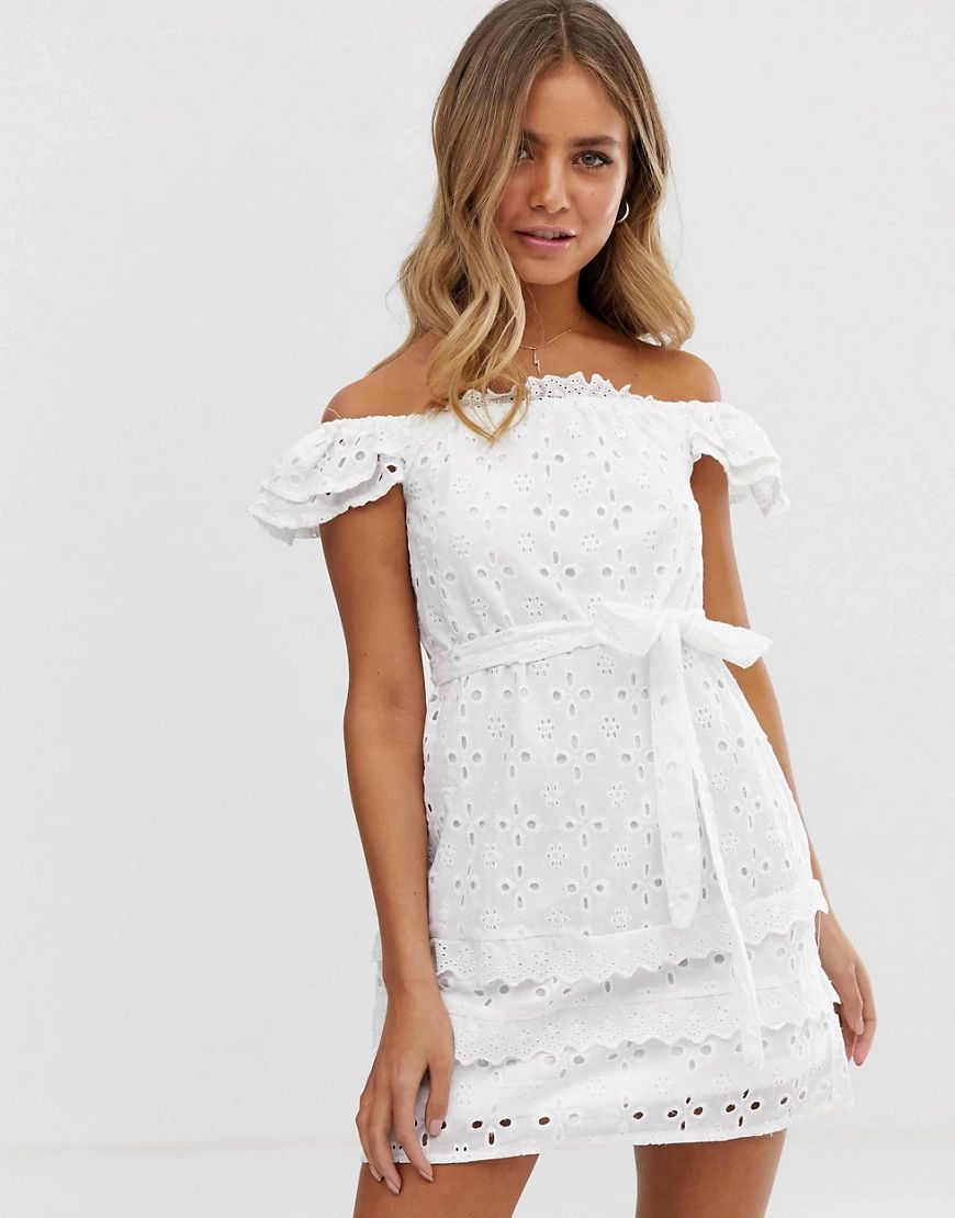 Parisian off shoulder white dress in broderie anglaise | ASOS (Global)