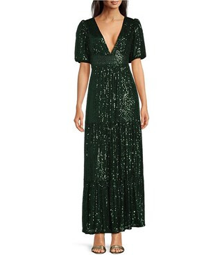 Sail To Sable x Style Charade Ava Sequin Deep V-Neck Short Puff Sleeve Tiered Maxi Dress | Dillard's