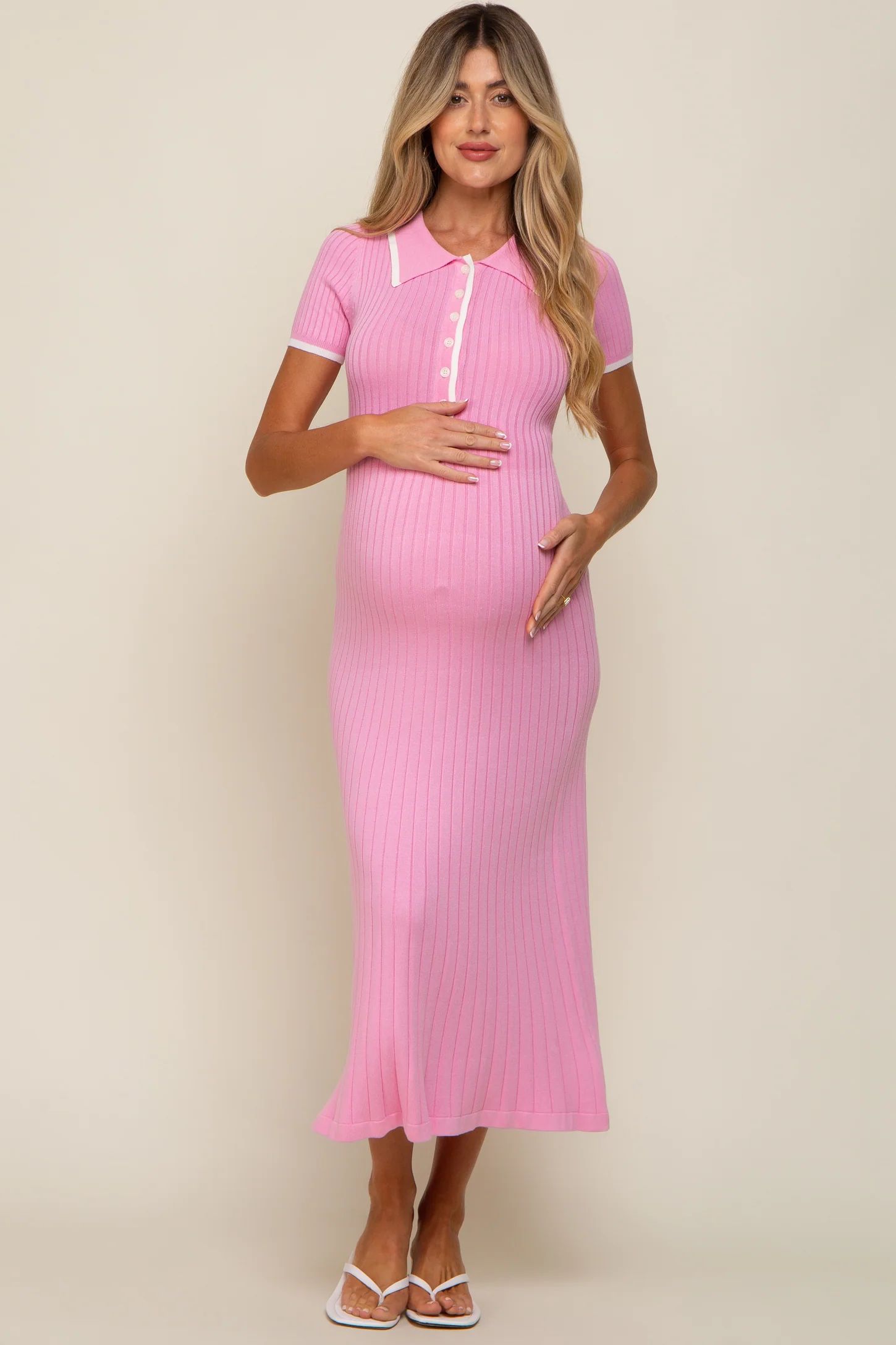 Pink Collared Knit Maternity Midi Dress | PinkBlush Maternity