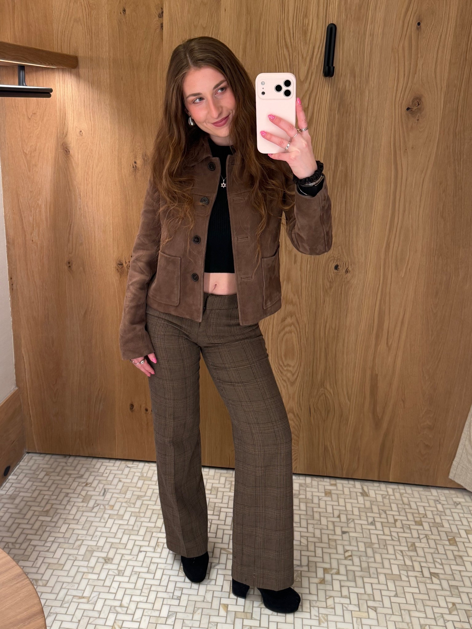 aritzia suede jacket work wear outfit fall winter cool girl vibes knit top booties black shoes brown outfit warm tone layers fabrics 

#LTKgrwm #LTKWorkwear #LTKootd