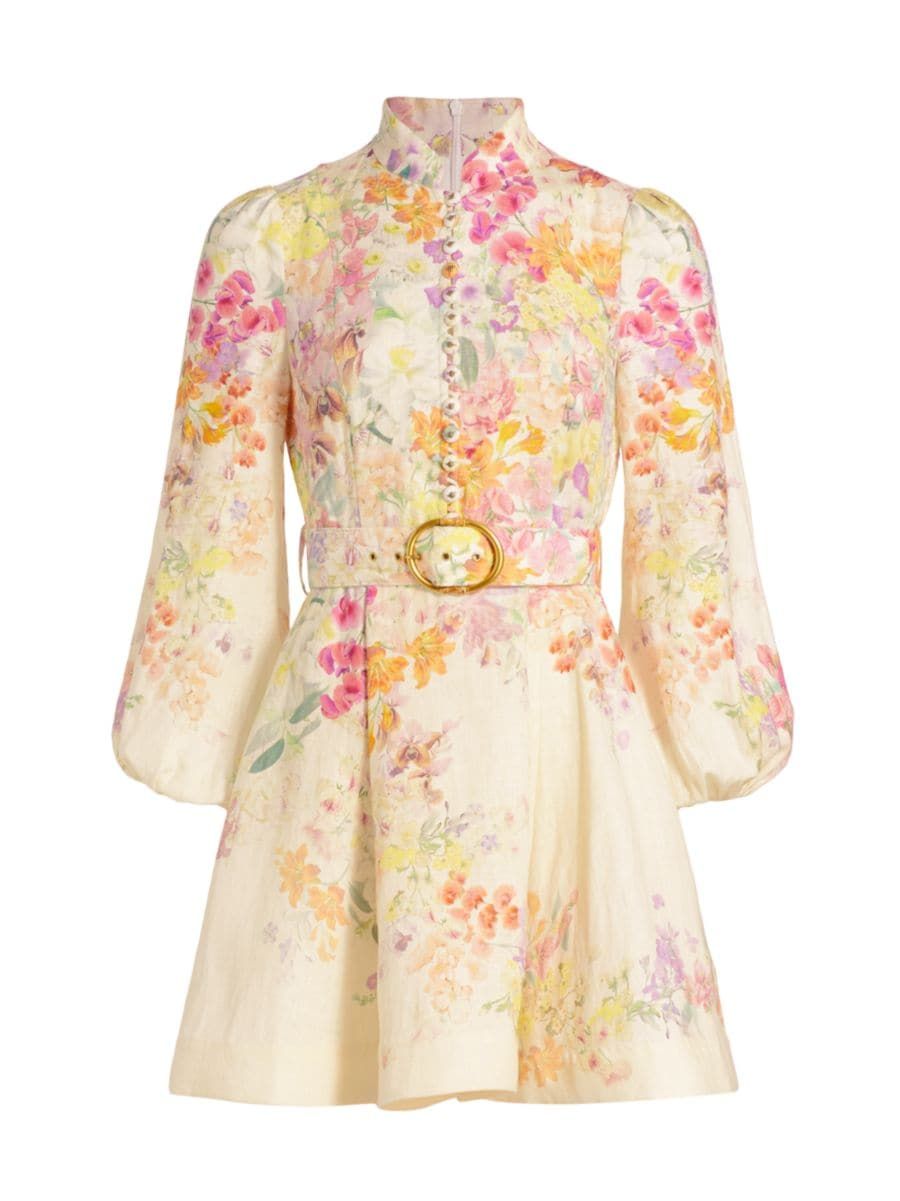 Shop Zimmermann Floral Linen Belted Minidress | Saks Fifth Avenue | Saks Fifth Avenue