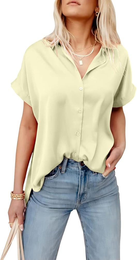 Pausus Satin Button Down Shirts for Women Short Sleeve Office Blouse Casual Business V Neck Silk ... | Amazon (US)