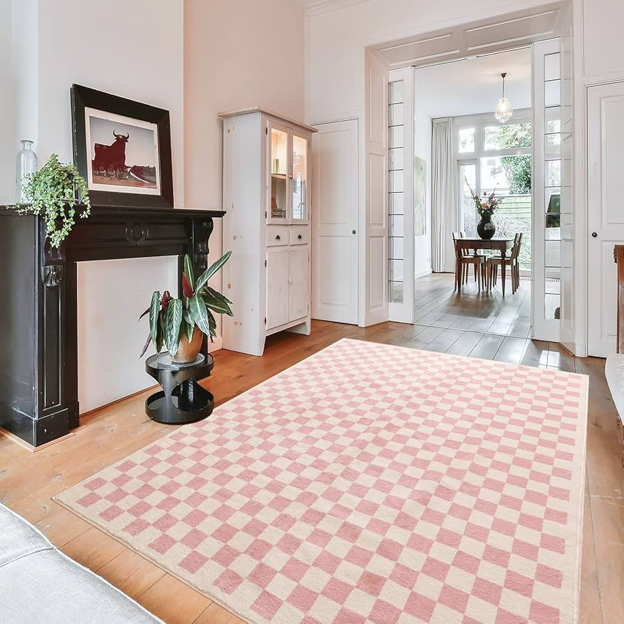 TRUEDAYS Checkered Area Rug 6x9 Large Area Rug Pink Checkerboard Rug Washable Rug for Bedroom Boh... | Amazon (US)