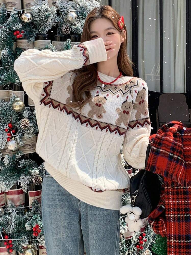 DAZY Casual Losse Gebreide Trui Met Cartoonpatroon Voor Dames, Herfstkleding Voor Dames, Kerstmis, Nieuwjaar | SHEIN