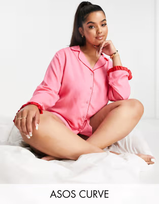 ASOS DESIGN Curve mix & match modal pajama shirt with contrast frill in pink & red | ASOS (Global)