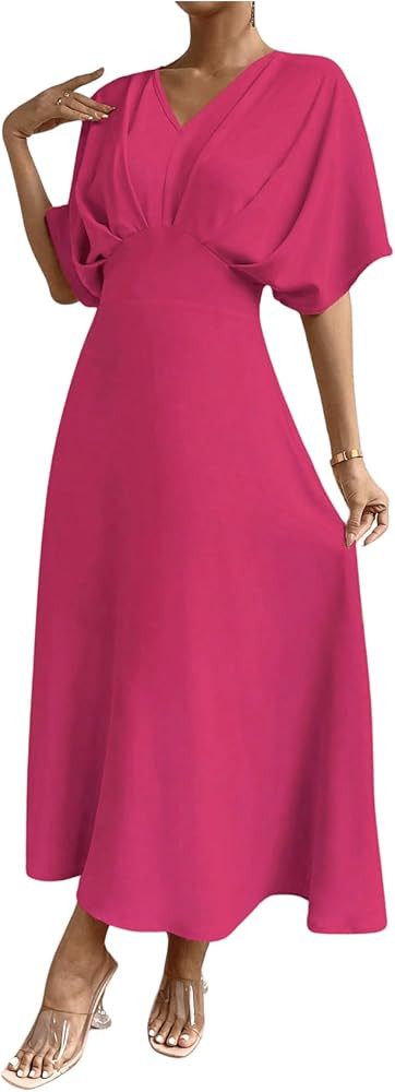 Floerns Women's V Neck Half Sleeve Ruched Cocktail Evening A Line Long Dress | Amazon (US)