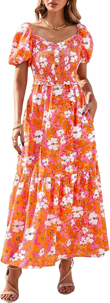 PRETTYGARDEN Womens Summer Dresses 2025 Casual Boho Floral Puff Short Sleeve Flowy Maxi Dress Smo... | Amazon (US)