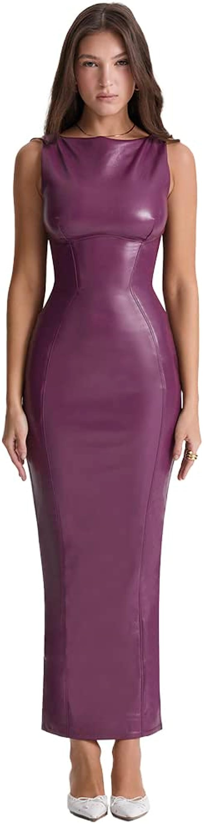 XLLAIS Women's Faux PU Leather Bodycon Maxi Dress Sexy Boatneck Tank Long Dresses | Amazon (US)