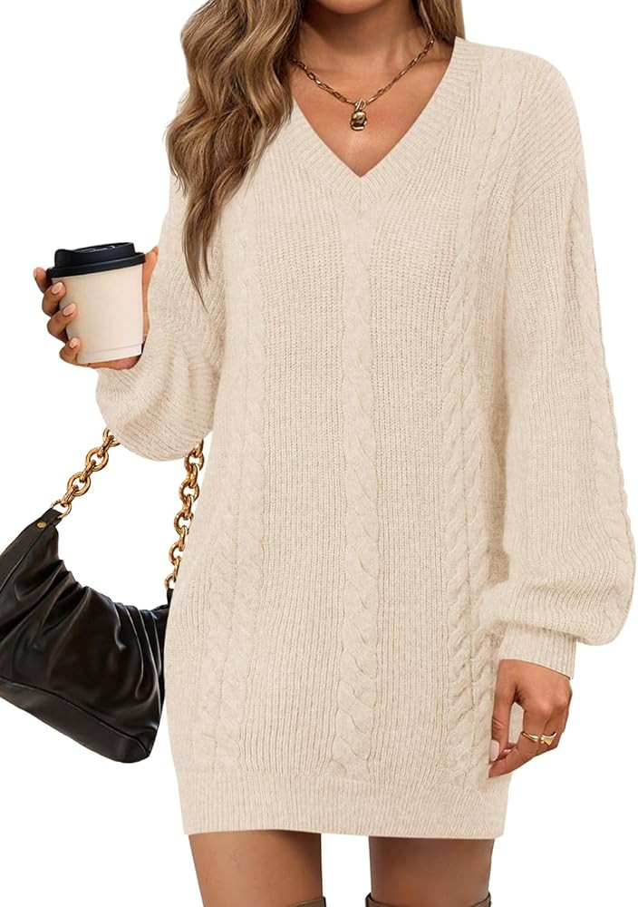 Saodimallsu Womens Oversized Mini Sweater Dress Casual V Neck Cable Knit Long Lantern Sleeve Fall... | Amazon (US)