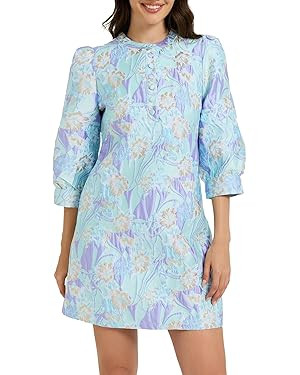 Ladyful Women's Floral Jacquard Shift Dress 2026 Long Puff Sleeve Button Up Elegant Cocktail Part... | Amazon (US)