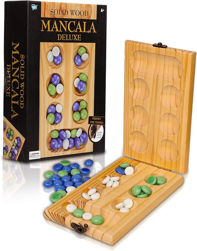 Point Games Solid Wood Deluxe Mancala - Folding Board Game w Metal Latch and Glass Marbles- Porta... | Amazon (US)