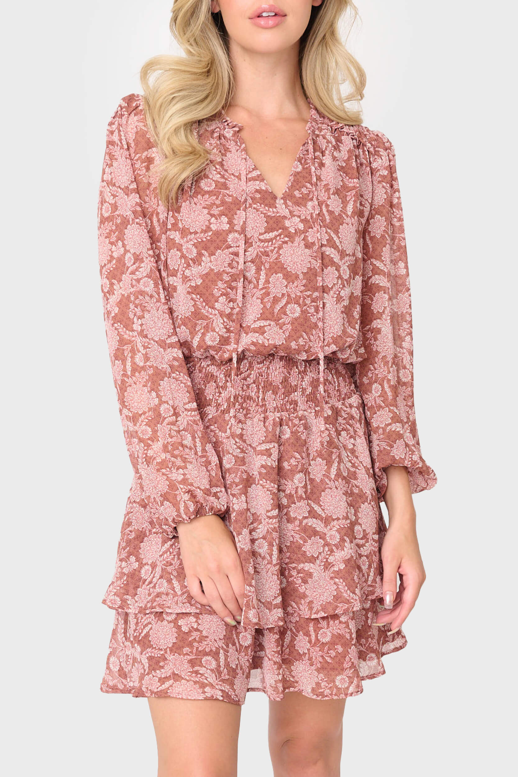 Long Sleeve Smocked Detail Dress | Floral Red Dress | Gibson