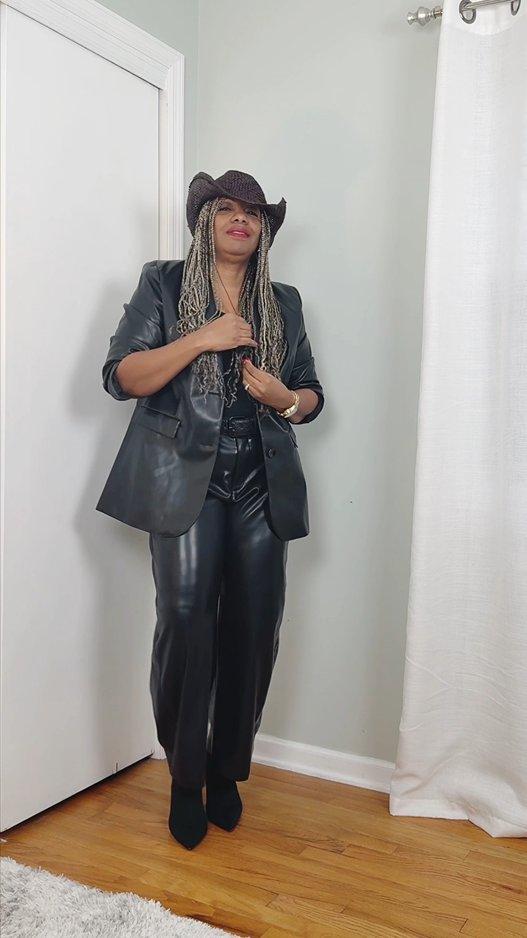 Leather Layers | Outfit by Miki
Leather on leather, done the grown way. Oversized leather blazer, faux leather barrel pants, and a simple black bodysuit. Finished with sock booties, an oversized cork clutch, and a raffia cowboy hat for contrast. Fall-winter tones with year-round attitude.
Exact + similar pieces linked.

#LTKMidsize #LTKOver40 #LTKootd
