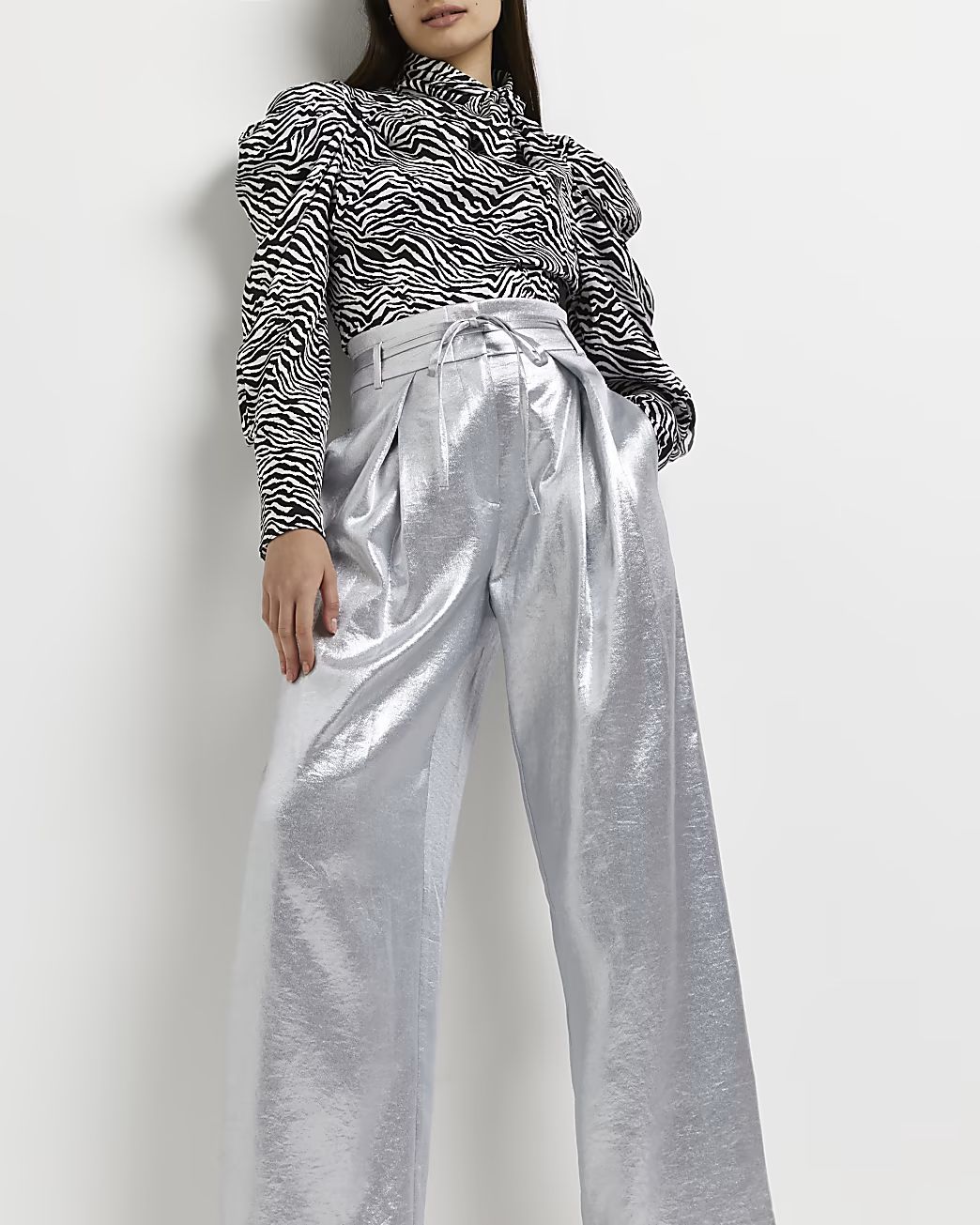 Silver metallic wide leg trousers | River Island (UK & IE)