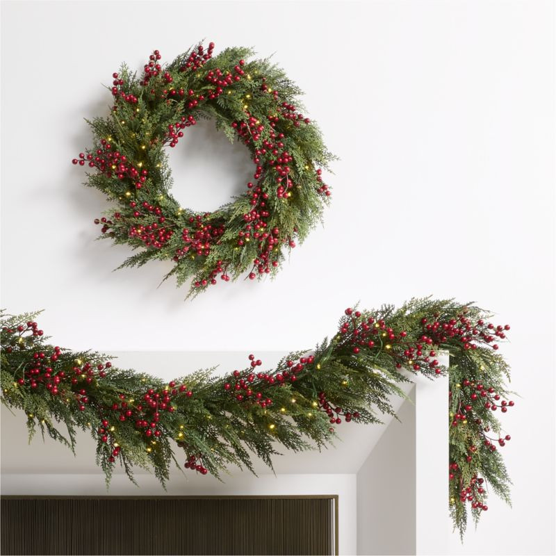 Faux Pre-Lit Hemlock & Berry Wreath & Garland Set | Crate & Barrel | Crate & Barrel