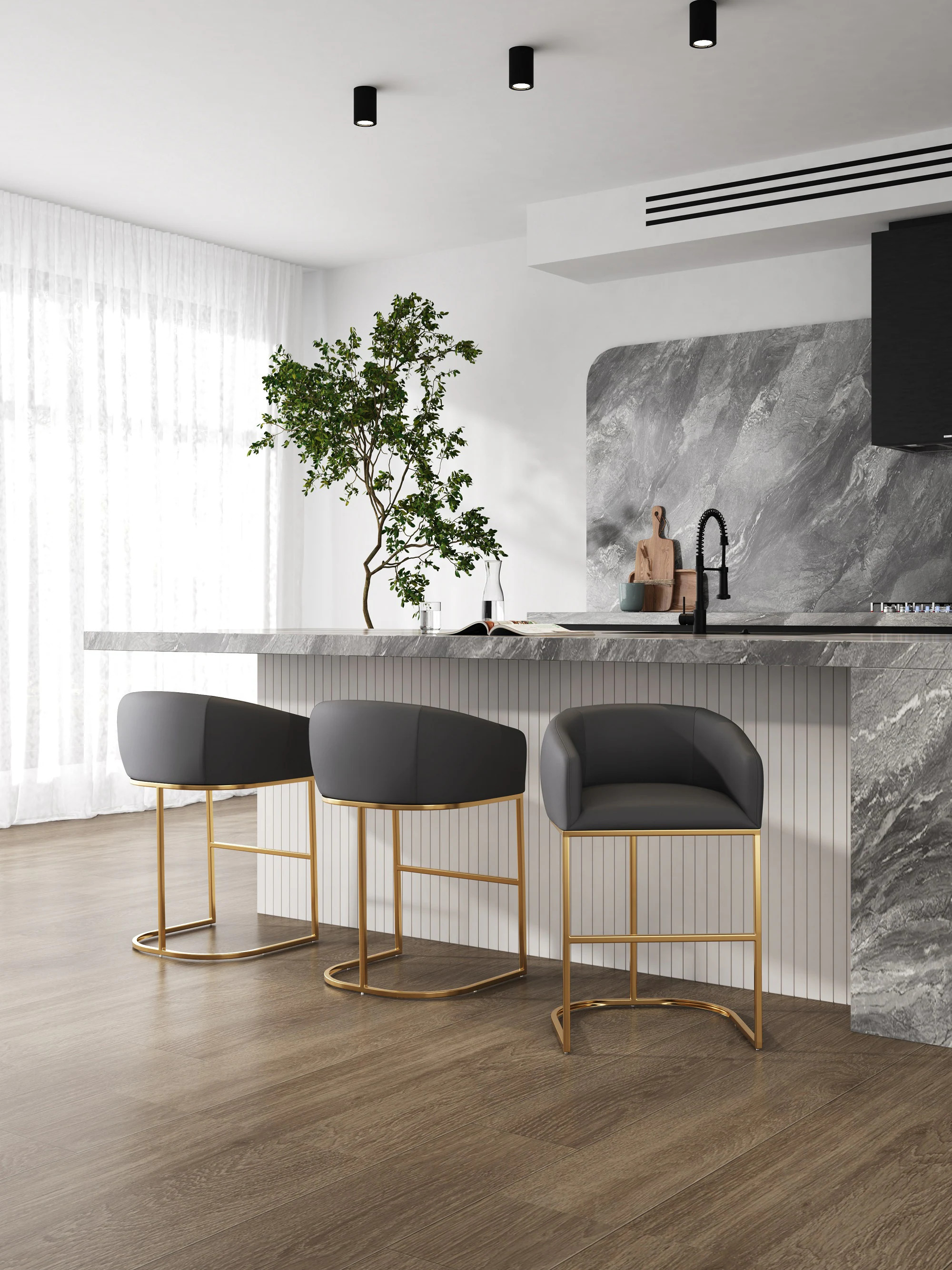 Manhattan Comfort Grey and Titanium Gold 26-in H Counter height Upholstered Metal Bar Stool 3 -Pack Stainless Steel one_size | 3-CS009-GY | Lowe's