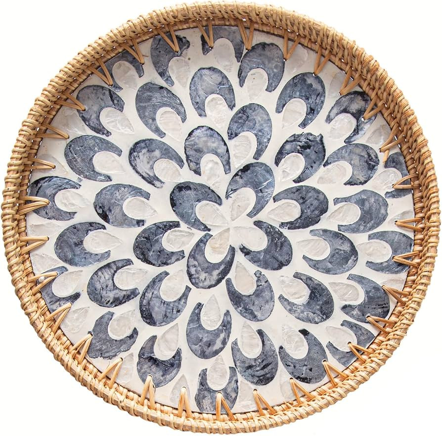 14 inch Round Rattan Tray Home Decor, Wicker Serving Tray with Mother of Pearl Inlay, Boho Decora... | Amazon (US)