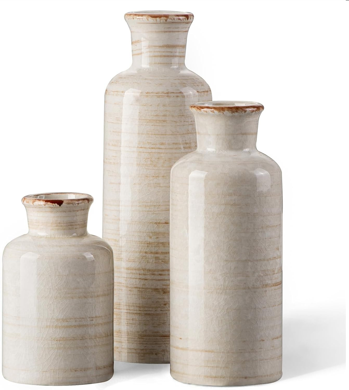 White Rustic Ceramic Vase Set of 3, Farmhouse Vase for Home Decor | Amazon (US)
