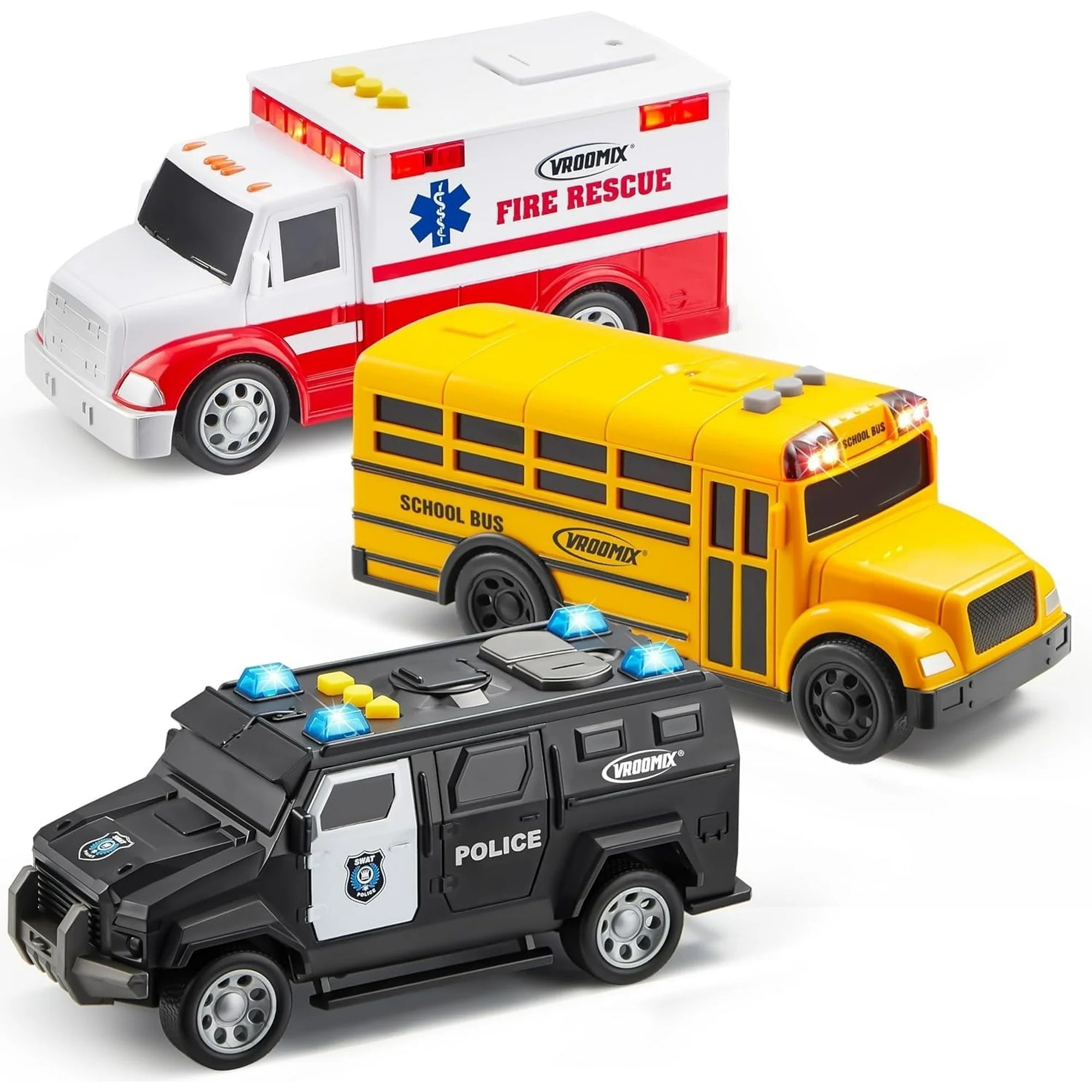 VROOMIX by JOYIN 3-Pack Emergency and School Vehicle Toy Set – Friction Powered Police Car, Amb... | Walmart (US)
